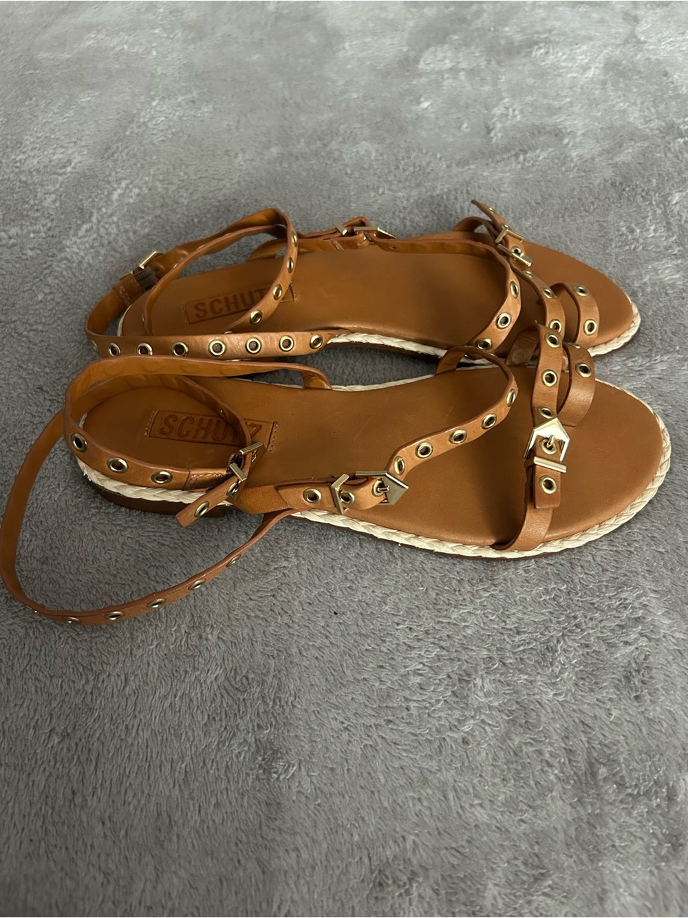 SCHUTZ Cognac Leather Grommet Strappy Espadrille Sandals - Picture 3 of 6